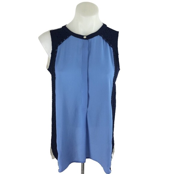 Ann Taylor LOFT Color Block Tuck Neck Button Sleeveless Lace Tunic Blouse Top S - Picture 1 of 9